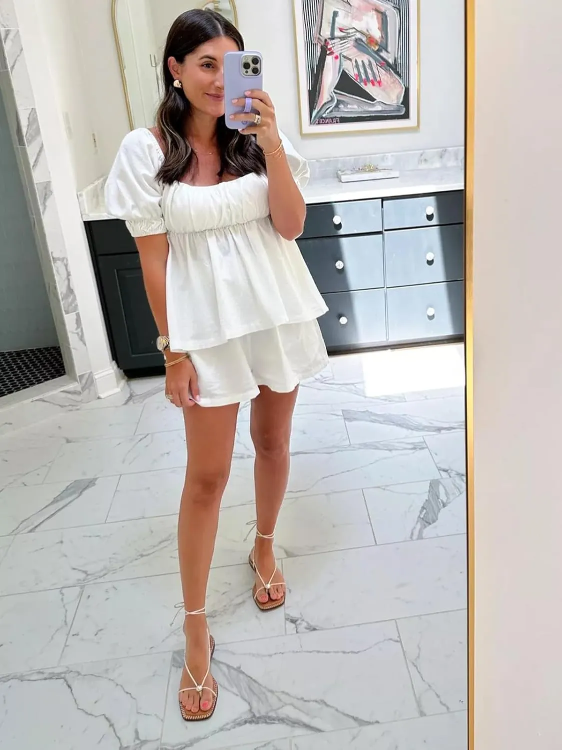 Tankaneo Womens 2 Piece Outfits Summer Square Neck Short Puff Sleeve Babydoll Tops and Shorts Matching Set