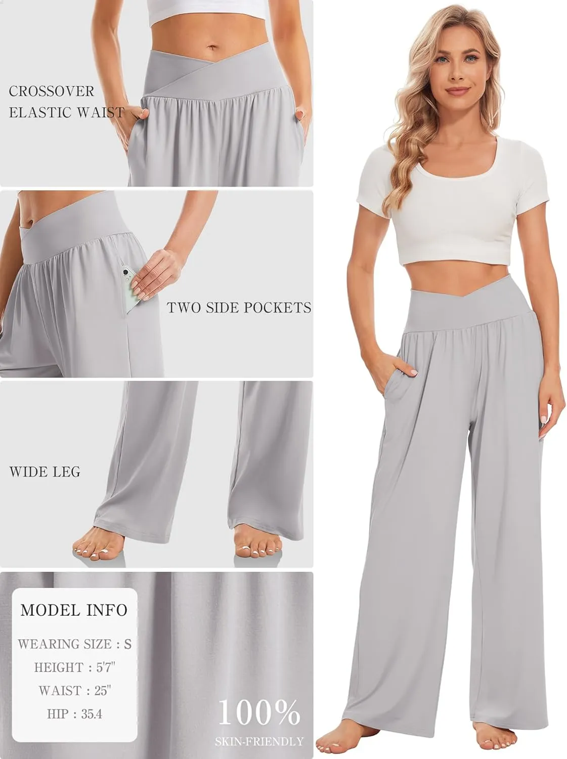 TARSE Women's Wide Leg Casual Loose Pants Yoga Sweatpants Comfy Crossover High Waisted Lounge Pajama Flowy Pants with Pockets