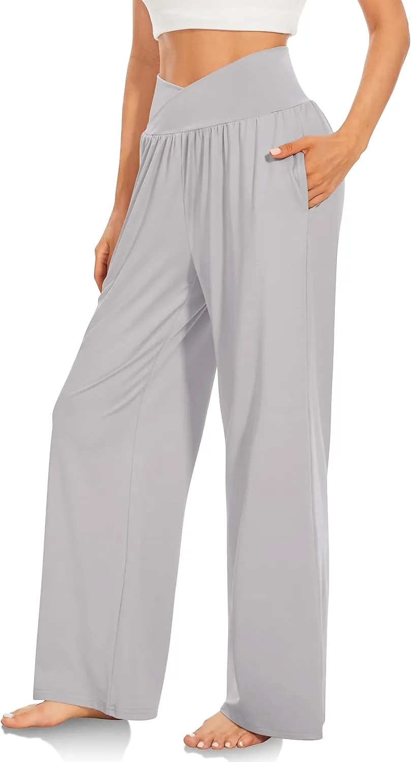 TARSE Women's Wide Leg Casual Loose Pants Yoga Sweatpants Comfy Crossover High Waisted Lounge Pajama Flowy Pants with Pockets
