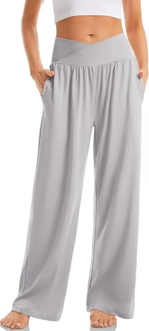 TARSE Women's Wide Leg Casual Loose Pants Yoga Sweatpants Comfy Crossover High Waisted Lounge Pajama Flowy Pants with Pockets