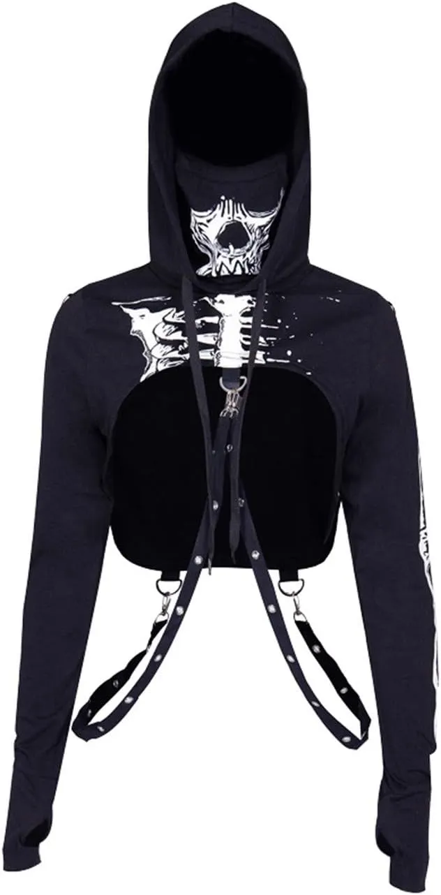 TOMETO STAR Women Gothic Punk Hoodies Bandage Crop Tops Long Sleeve Pullover Sweatshirt for Rave Festivals Streetwear