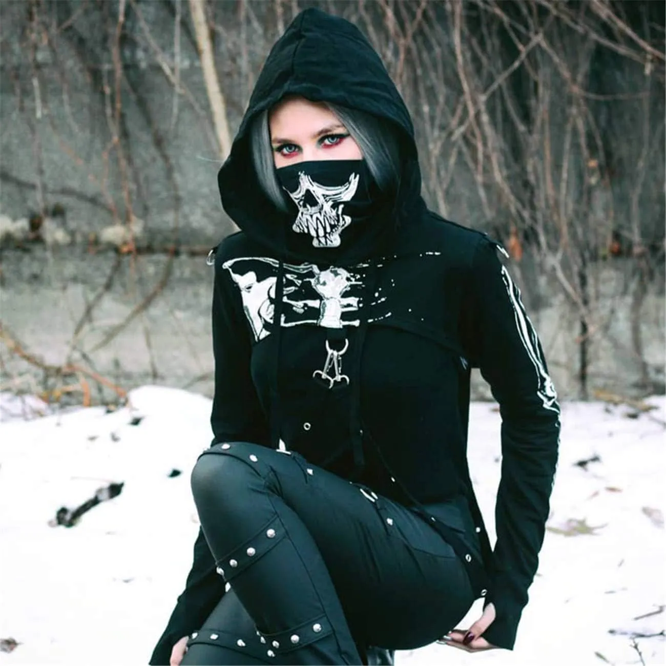 TOMETO STAR Women Gothic Punk Hoodies Bandage Crop Tops Long Sleeve Pullover Sweatshirt for Rave Festivals Streetwear
