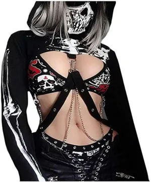 TOMETO STAR Women Gothic Punk Hoodies Bandage Crop Tops Long Sleeve Pullover Sweatshirt for Rave Festivals Streetwear