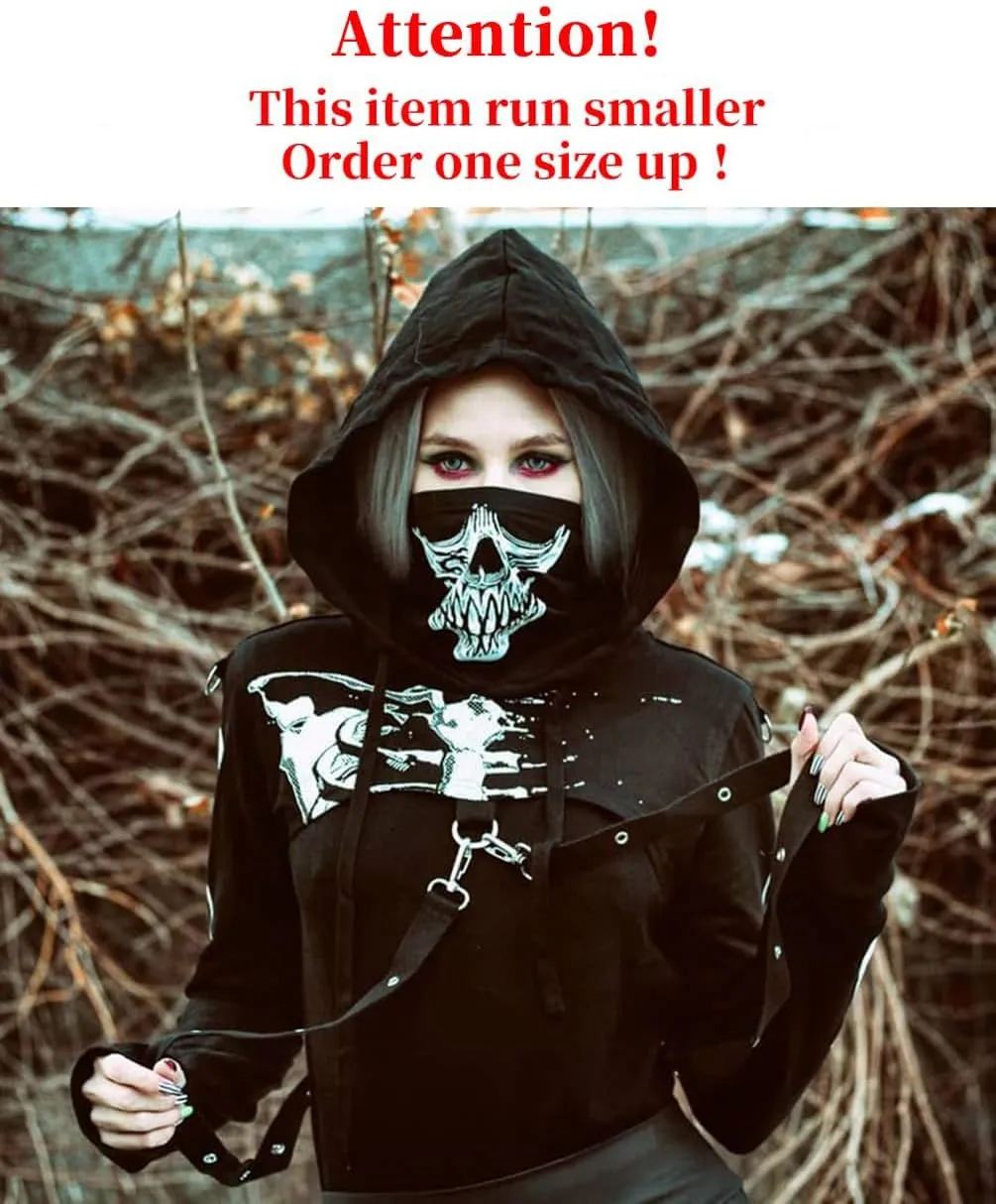 TOMETO STAR Women Gothic Punk Hoodies Bandage Crop Tops Long Sleeve Pullover Sweatshirt for Rave Festivals Streetwear