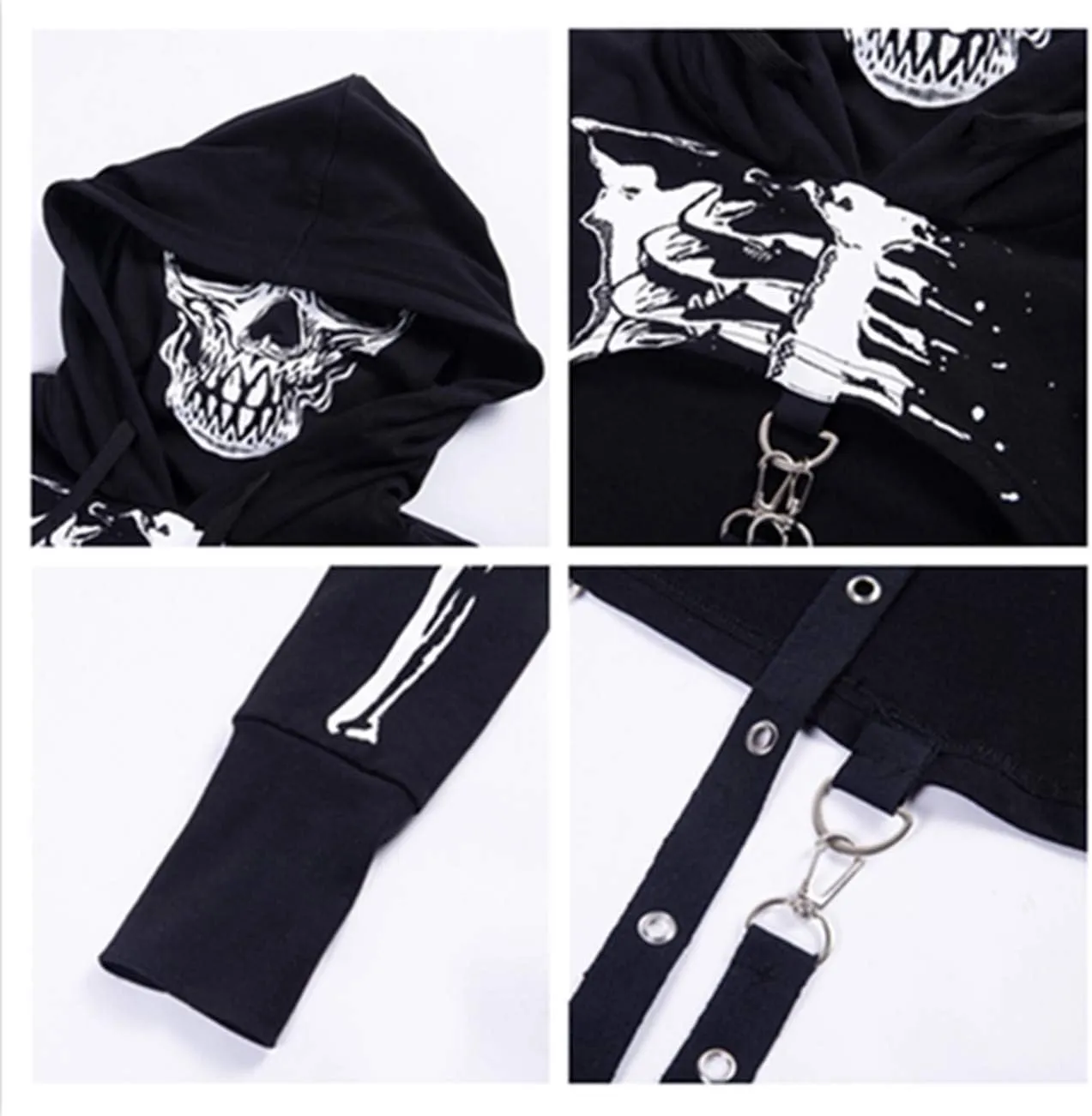 TOMETO STAR Women Gothic Punk Hoodies Bandage Crop Tops Long Sleeve Pullover Sweatshirt for Rave Festivals Streetwear