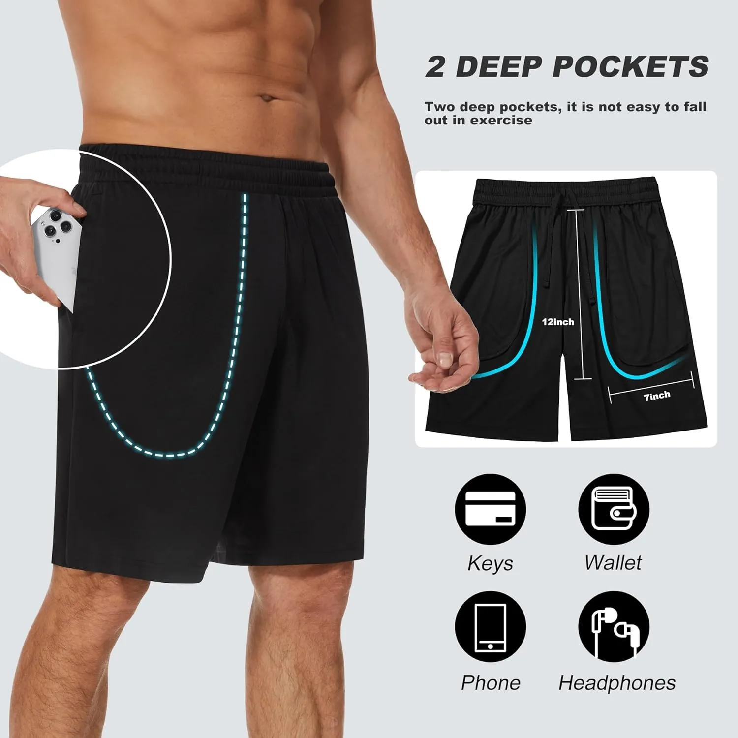 TVKSOM 7 Pack Mens Athletic Shorts with Pockets and Elastic Waistband Quick Dry Basketball Shorts Men for Running Casual