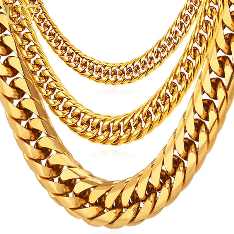 U7 Miami Cuban Chains For Men Jewelry Gold Color Thick Stainless Steel Long Big Chunky Necklace