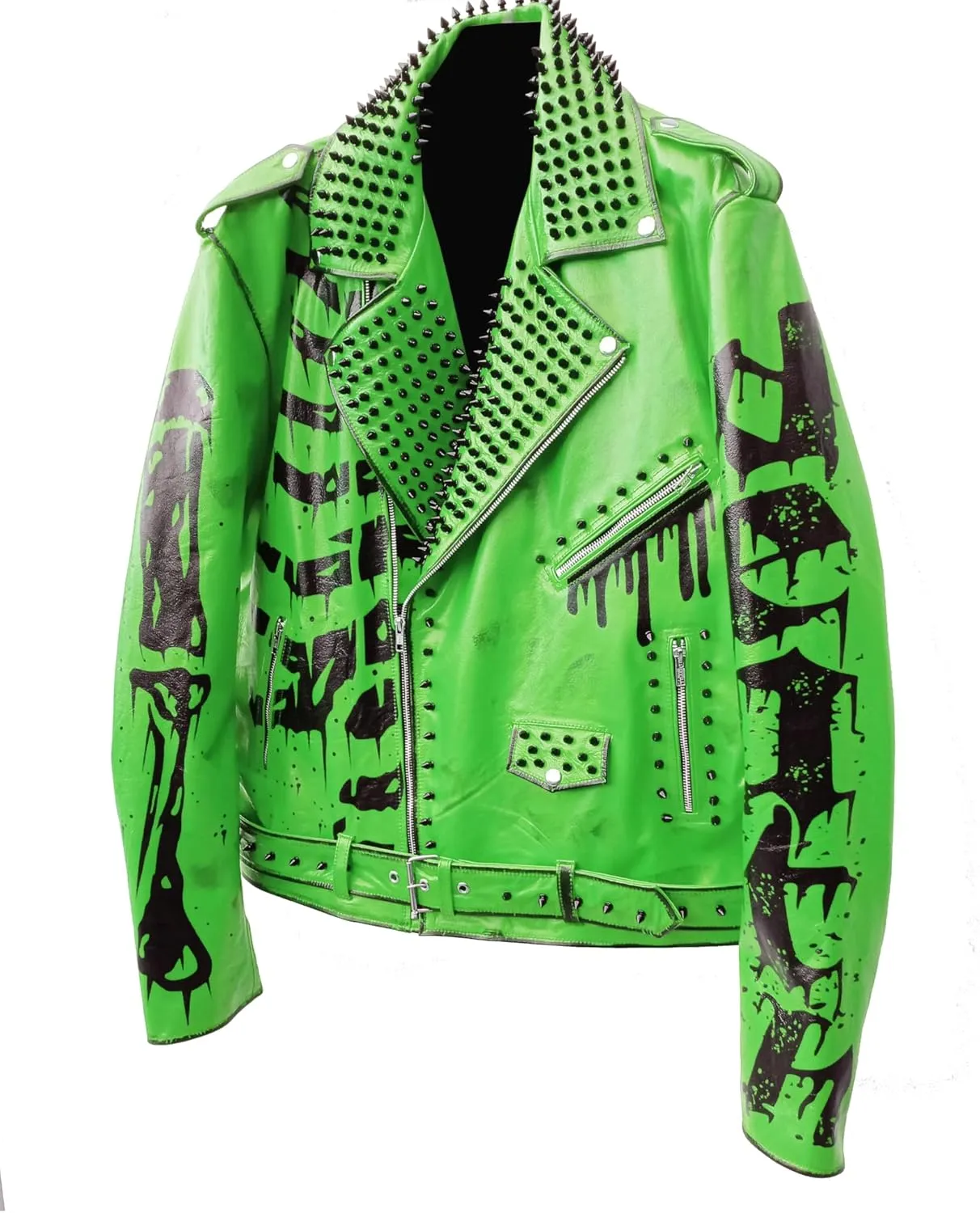 Undead Men Red White Punk Rock Skull Poison Spiked Printed Skeleton Motorcycle Leather Jacket