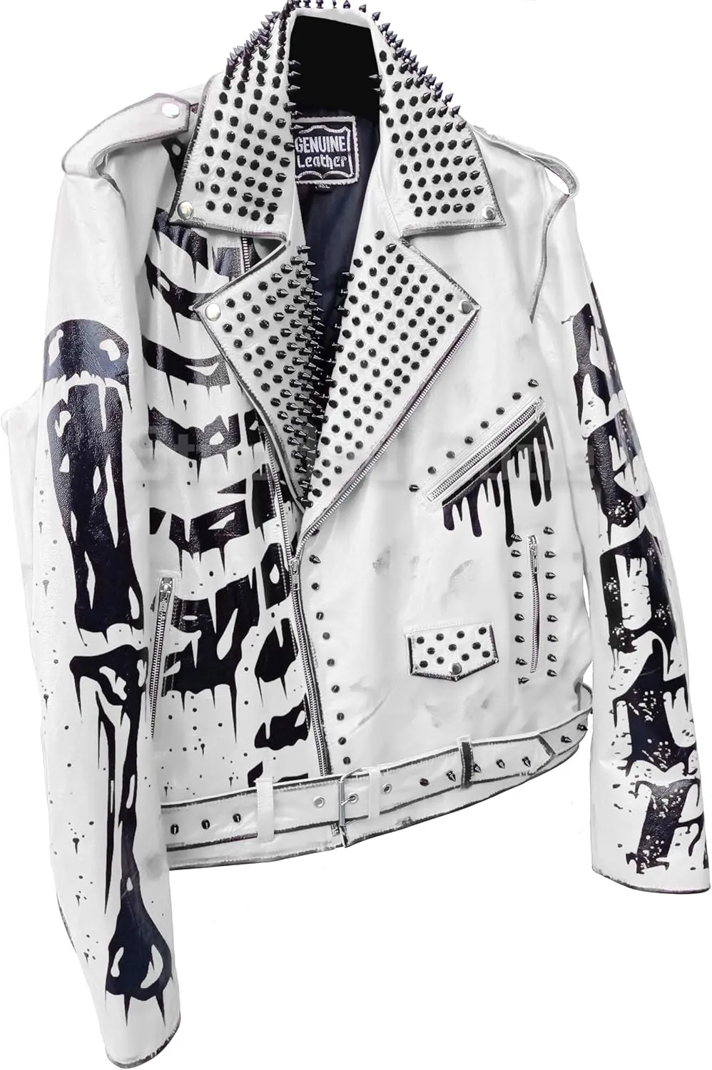 Undead Men Red White Punk Rock Skull Poison Spiked Printed Skeleton Motorcycle Leather Jacket