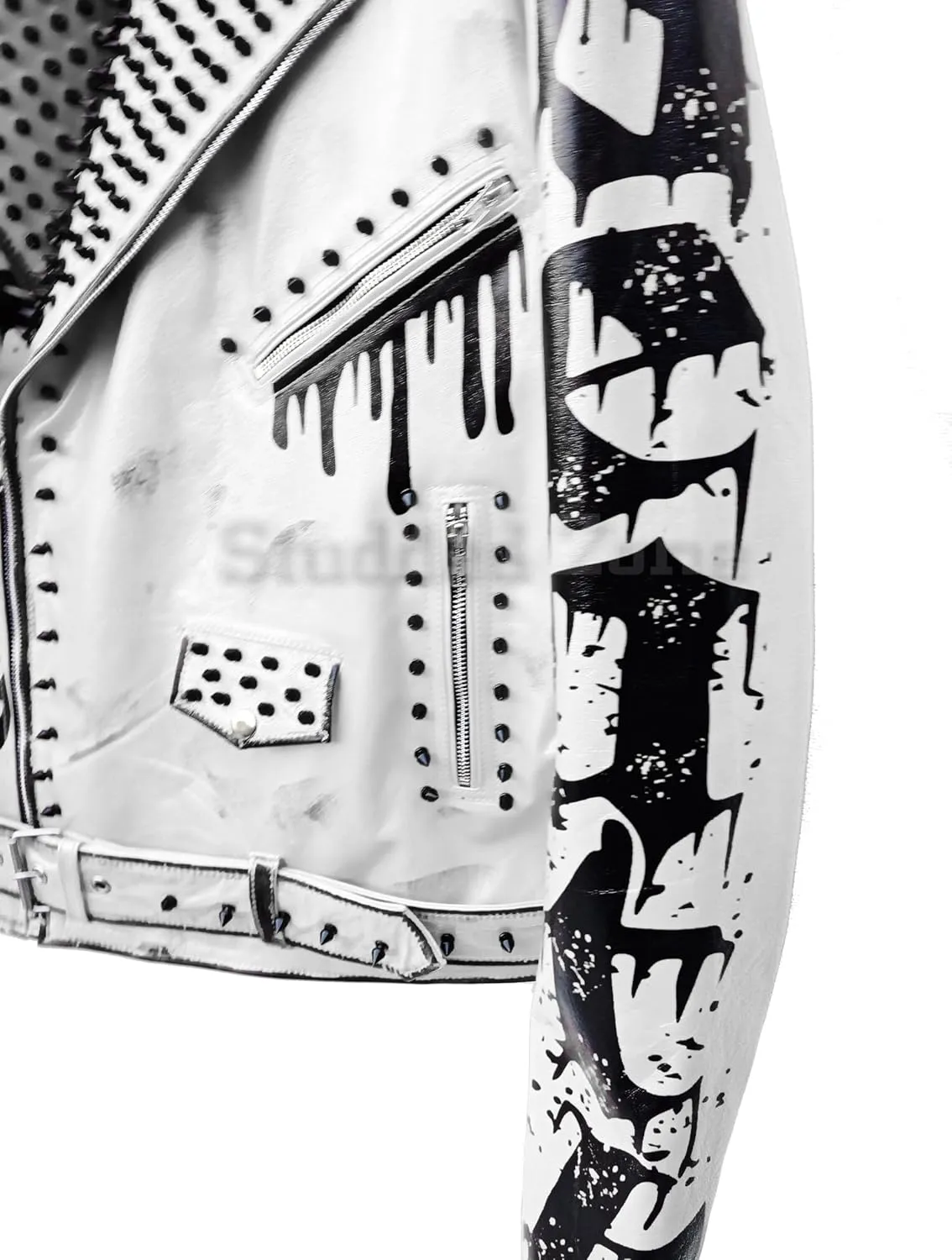 Undead Men Red White Punk Rock Skull Poison Spiked Printed Skeleton Motorcycle Leather Jacket