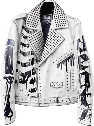 Undead Men Red White Punk Rock Skull Poison Spiked Printed Skeleton Motorcycle Leather Jacket