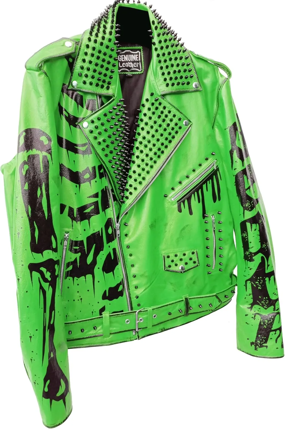 Undead Men Red White Punk Rock Skull Poison Spiked Printed Skeleton Motorcycle Leather Jacket