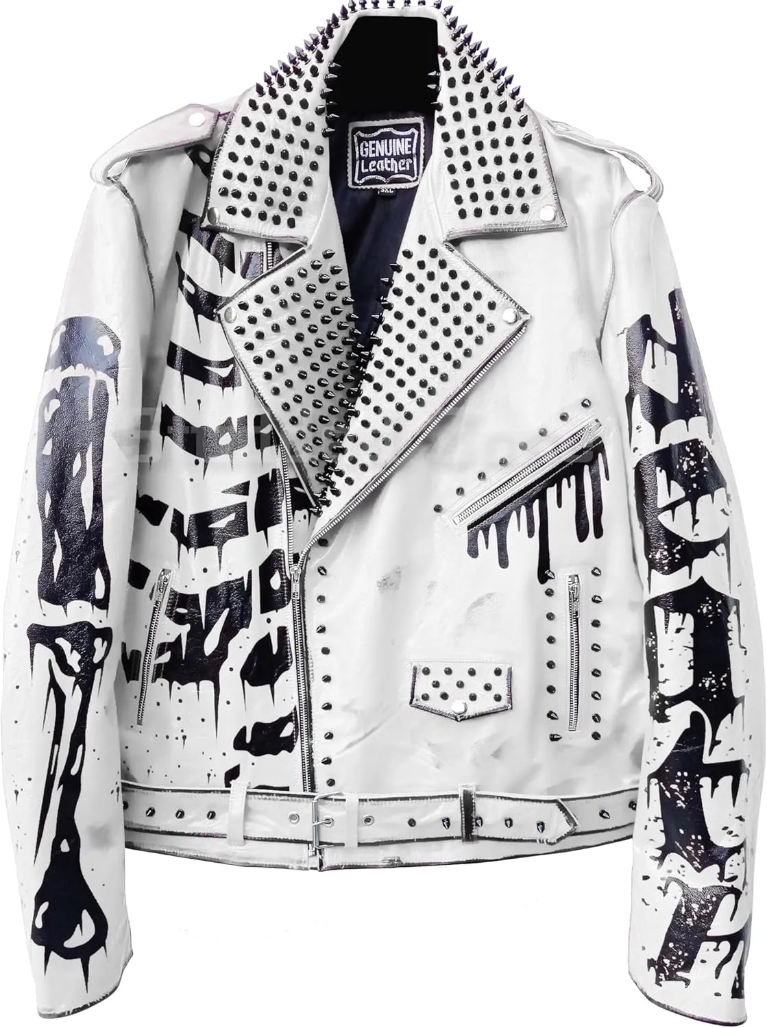 Undead Men Red White Punk Rock Skull Poison Spiked Printed Skeleton Motorcycle Leather Jacket