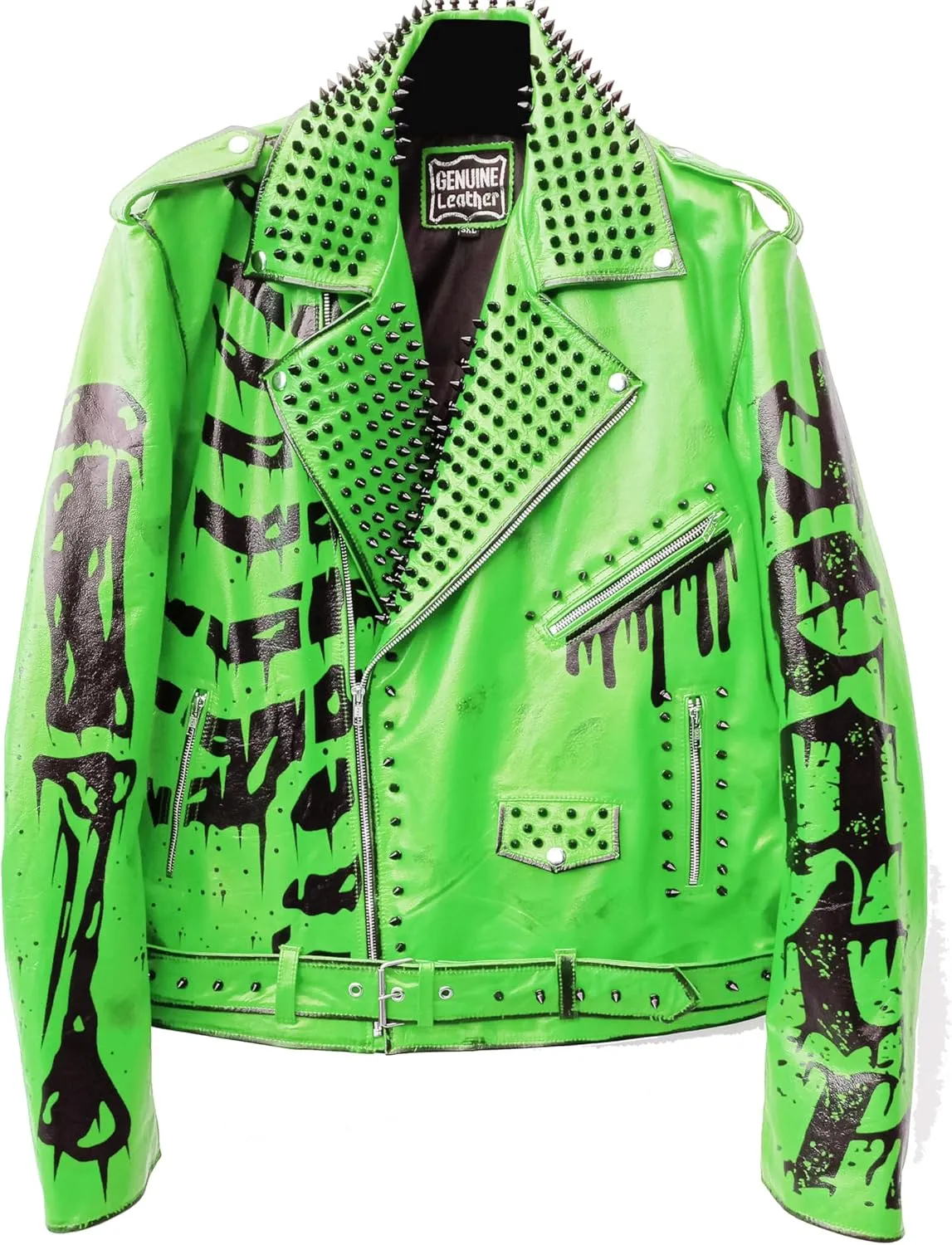 Undead Men Red White Punk Rock Skull Poison Spiked Printed Skeleton Motorcycle Leather Jacket