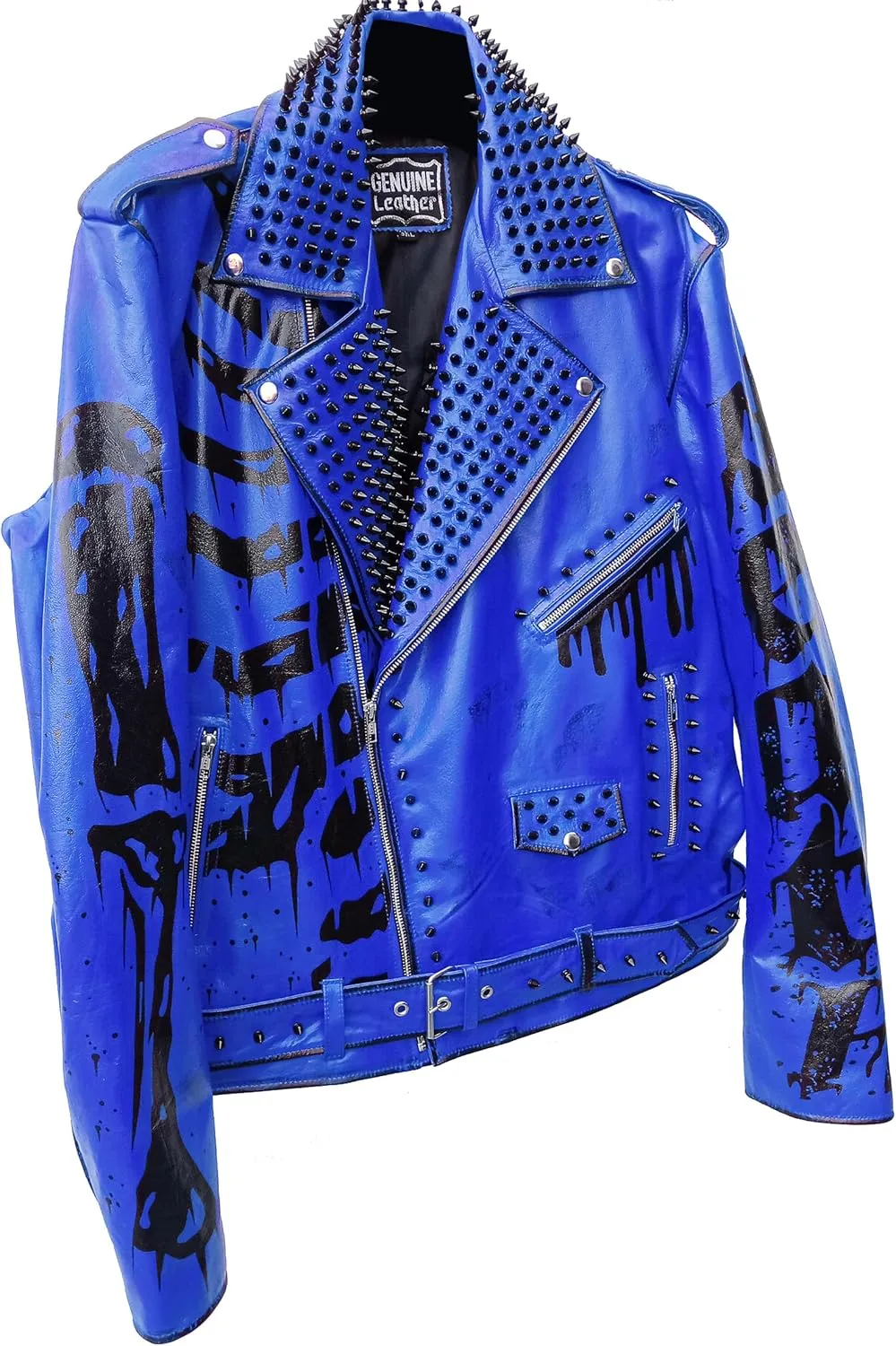 Undead Men Red White Punk Rock Skull Poison Spiked Printed Skeleton Motorcycle Leather Jacket