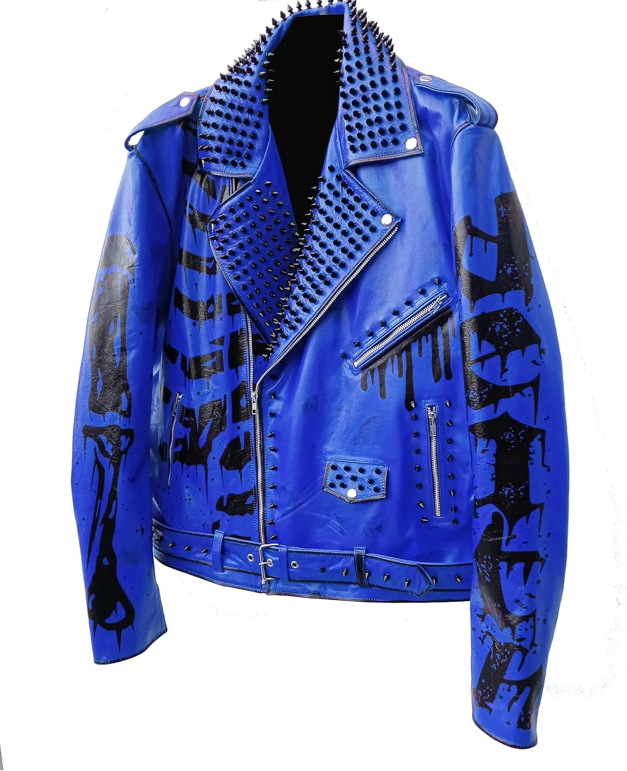 Undead Men Red White Punk Rock Skull Poison Spiked Printed Skeleton Motorcycle Leather Jacket