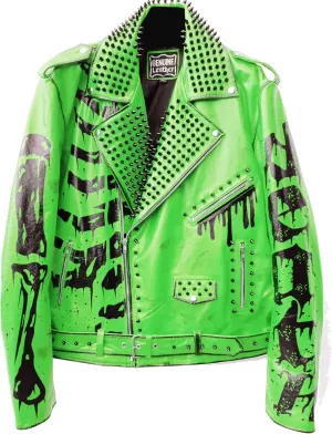 Undead Men Red White Punk Rock Skull Poison Spiked Printed Skeleton Motorcycle Leather Jacket