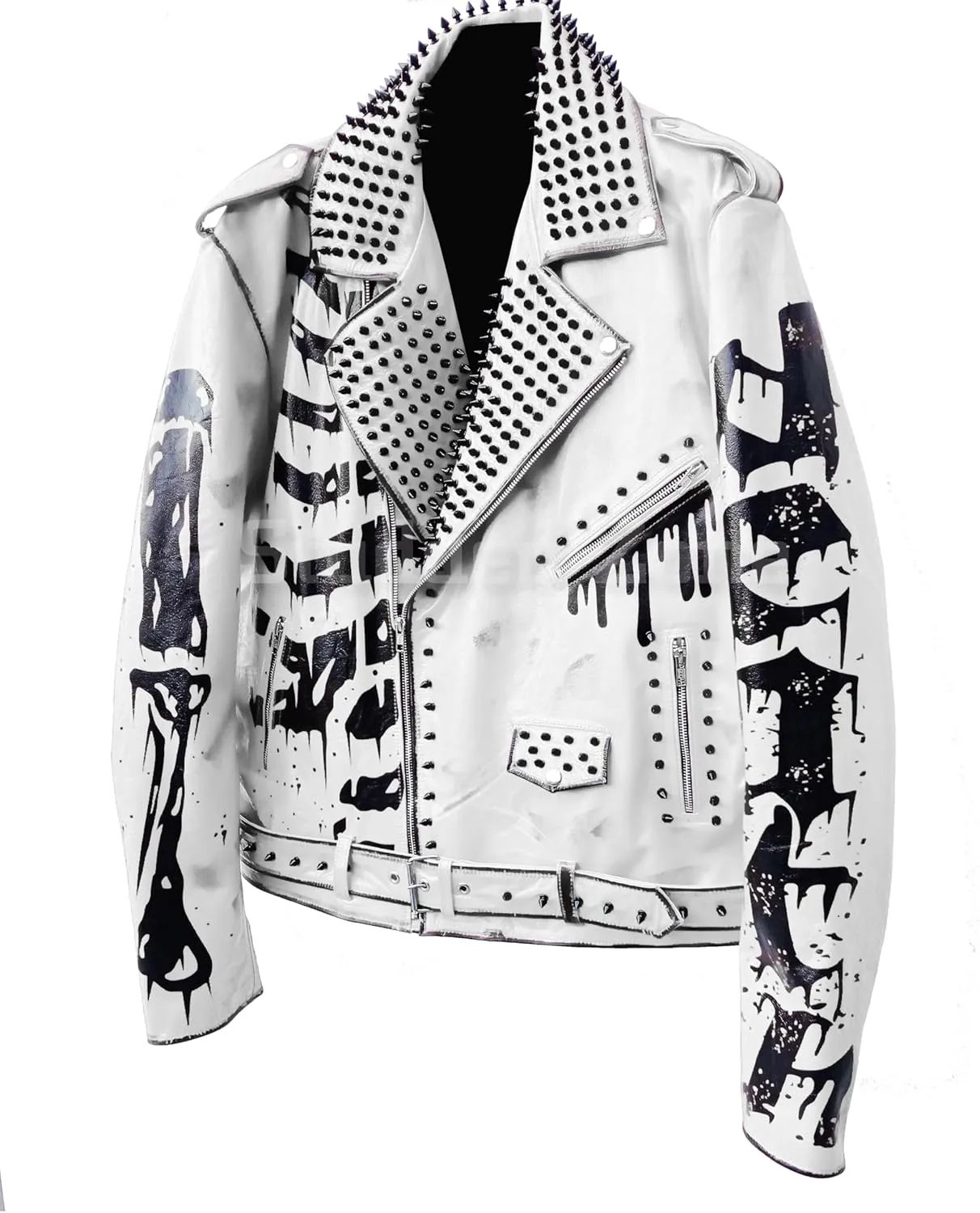 Undead Men Red White Punk Rock Skull Poison Spiked Printed Skeleton Motorcycle Leather Jacket