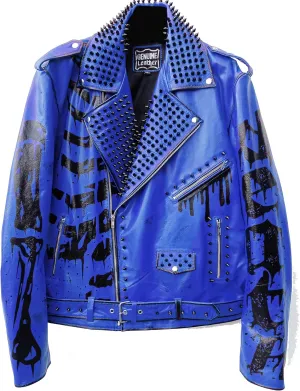 Undead Men Red White Punk Rock Skull Poison Spiked Printed Skeleton Motorcycle Leather Jacket