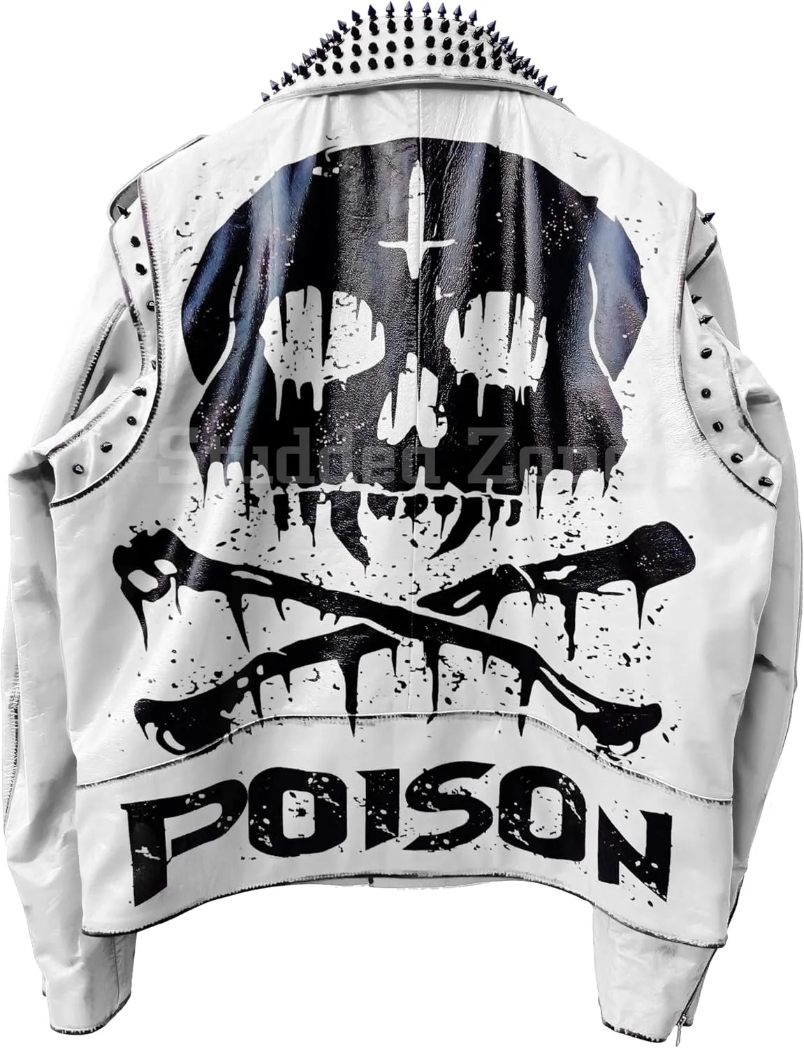 Undead Men Red White Punk Rock Skull Poison Spiked Printed Skeleton Motorcycle Leather Jacket