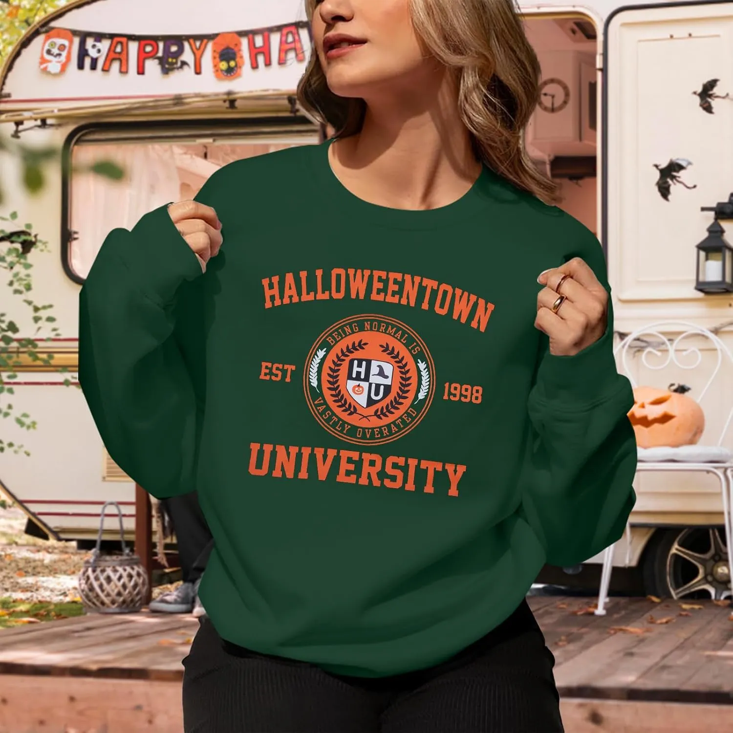 UNIQUEONE Halloween Sweatshirts for Women Oversized: Halloweentown University Sweater Spooky Season Fall Pullover Sweatshirt