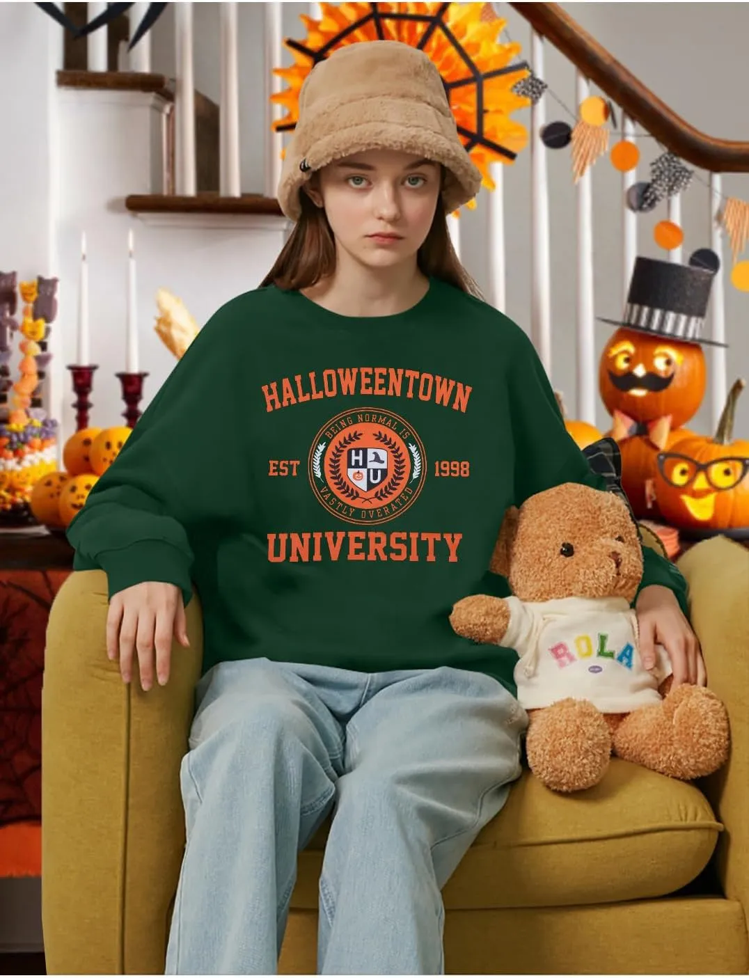 UNIQUEONE Halloween Sweatshirts for Women Oversized: Halloweentown University Sweater Spooky Season Fall Pullover Sweatshirt
