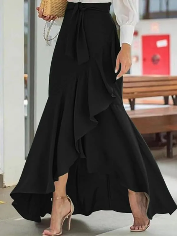 UOOZEE Women's Wrap Front Flowy Ruffle Hem Split Long Skirts Self Tie Knot Elastic Waist Maxi Skirts