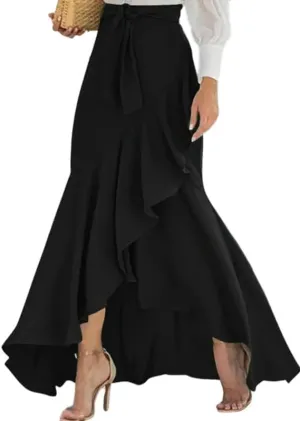 UOOZEE Women's Wrap Front Flowy Ruffle Hem Split Long Skirts Self Tie Knot Elastic Waist Maxi Skirts