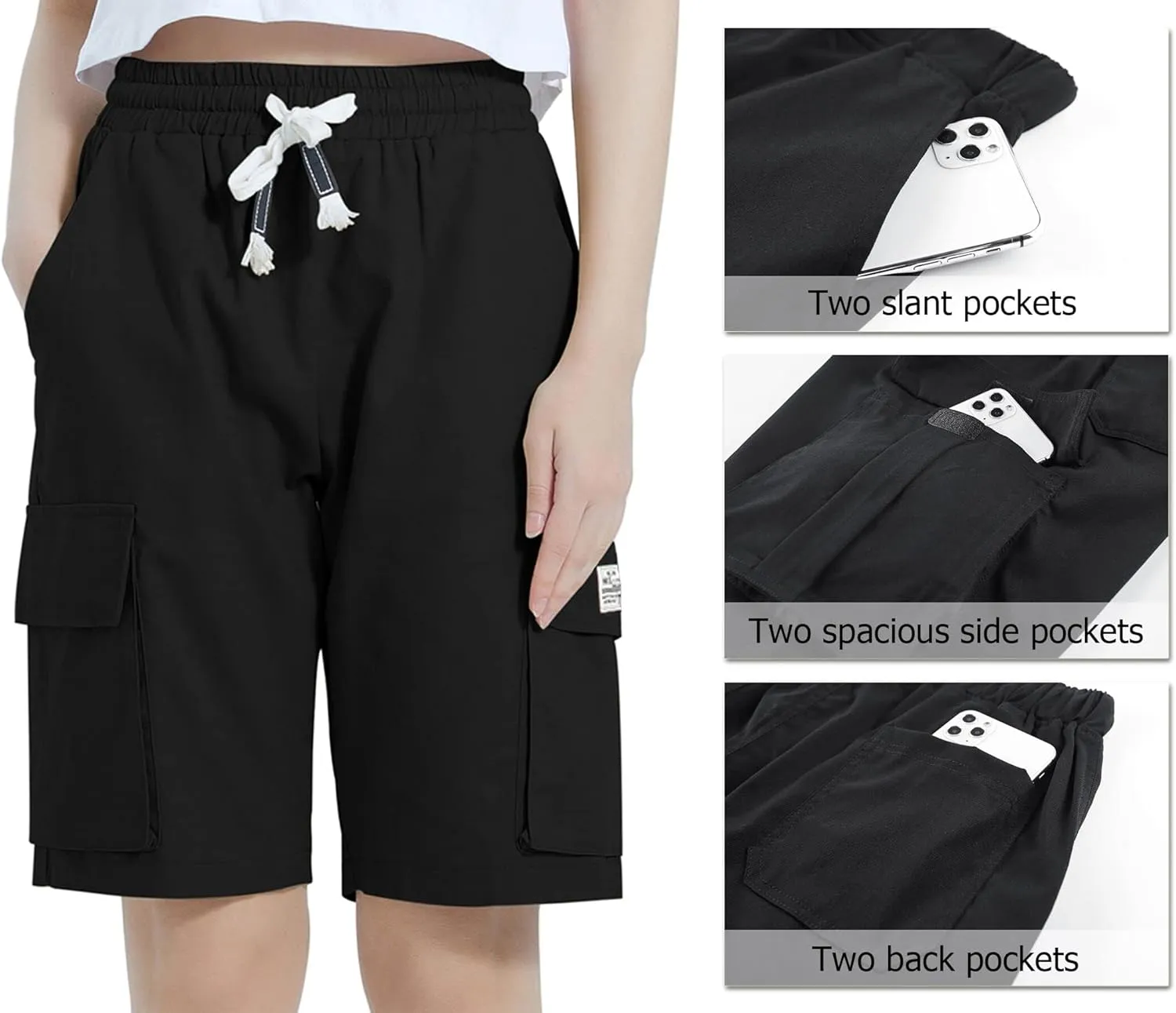Vcansion Women's Casual Elastic Waist Drawstring Relaxed Fit Multi-Pockets Cotton Cargo Shorts