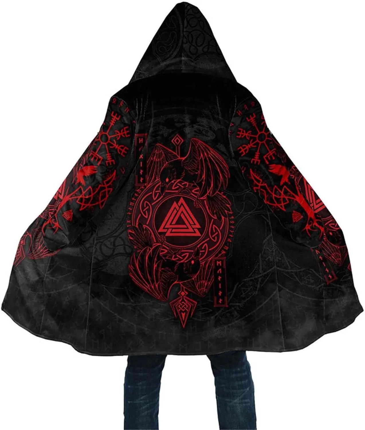 Viking Medieval Mens Hooded Cloak 3D Print Odin Raven Fenrir Tattoo Warm Cashmere Coat Parka Renaissance Larp Harajuku Jacket