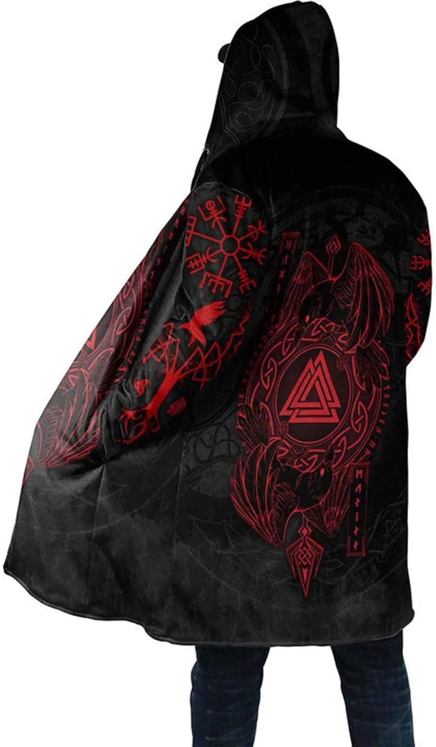 Viking Medieval Mens Hooded Cloak 3D Print Odin Raven Fenrir Tattoo Warm Cashmere Coat Parka Renaissance Larp Harajuku Jacket