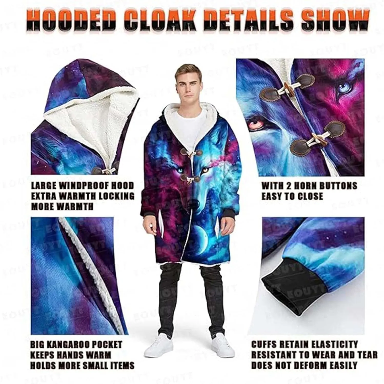 Viking Medieval Mens Hooded Cloak 3D Print Odin Raven Fenrir Tattoo Warm Cashmere Coat Parka Renaissance Larp Harajuku Jacket