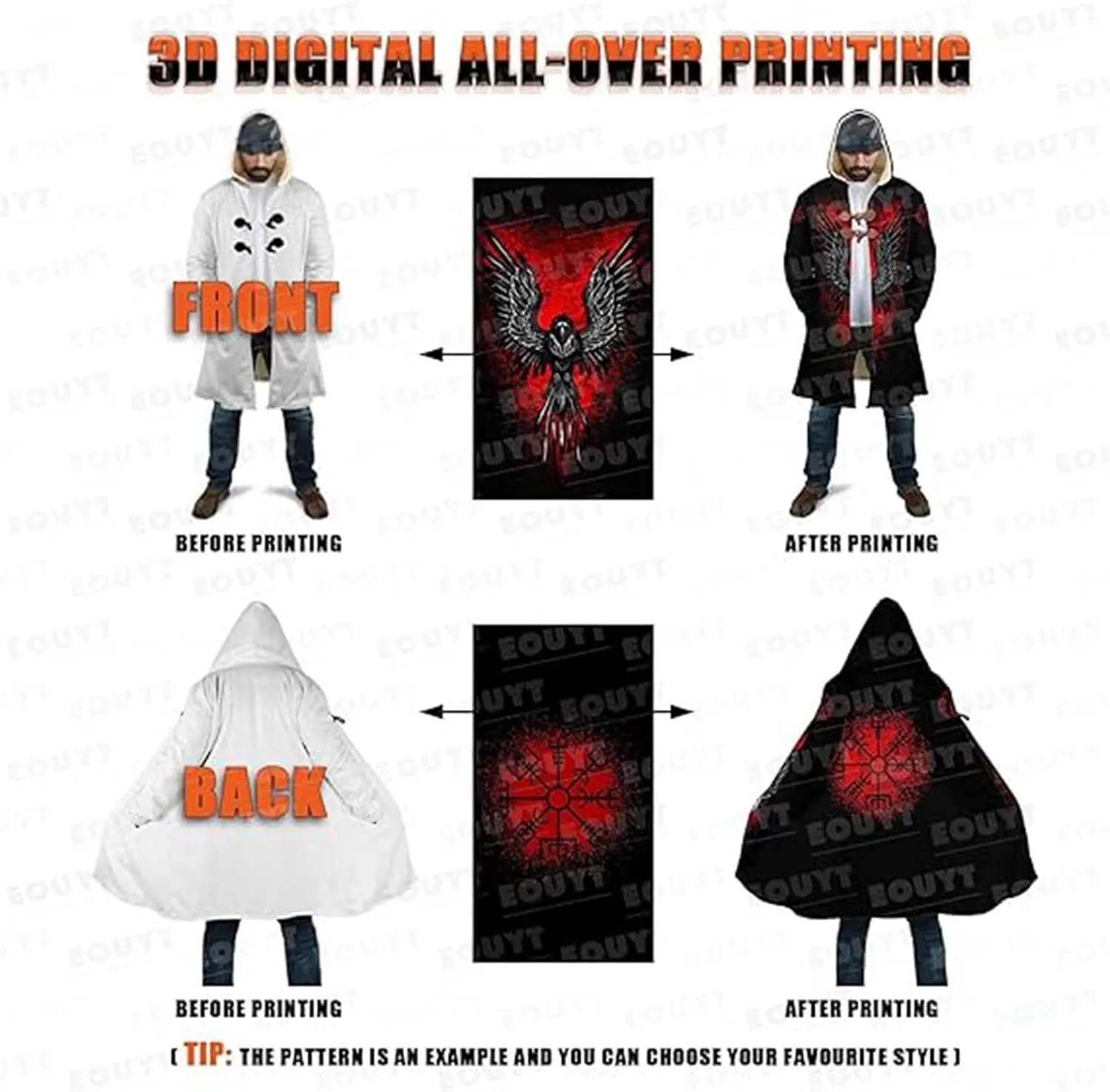 Viking Medieval Mens Hooded Cloak 3D Print Odin Raven Fenrir Tattoo Warm Cashmere Coat Parka Renaissance Larp Harajuku Jacket