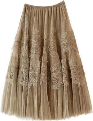 Vintage Embroidery Tulle Skirt Women Flower Elastic High Waist Pleated Midi A-Line Skirt