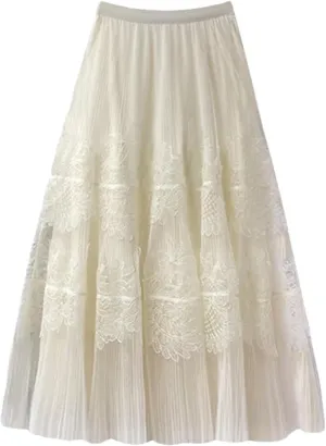 Vintage Embroidery Tulle Skirt Women Flower Elastic High Waist Pleated Midi A-Line Skirt
