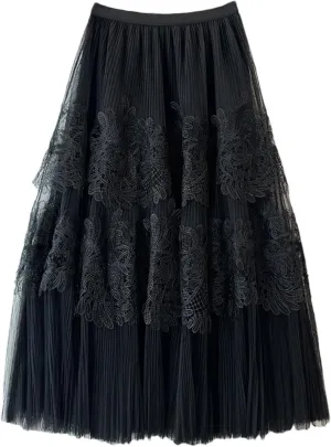 Vintage Embroidery Tulle Skirt Women Flower Elastic High Waist Pleated Midi A-Line Skirt