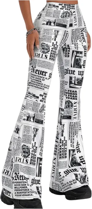 WDIRARA Women's Newspaper Print Flare Wide Leg Elastic Waist Fitted Funky Letter Print Pants