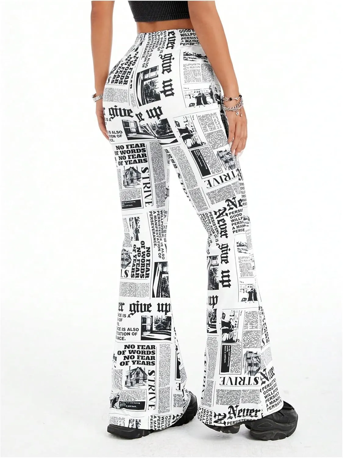 WDIRARA Women's Newspaper Print Flare Wide Leg Elastic Waist Fitted Funky Letter Print Pants