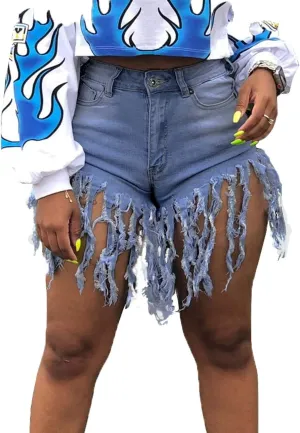 Weigou Women Denim Shorts High Waisted Tassels Summer Stretchy Frayed Raw Hem Short Jeans Clubwear Jeans Short