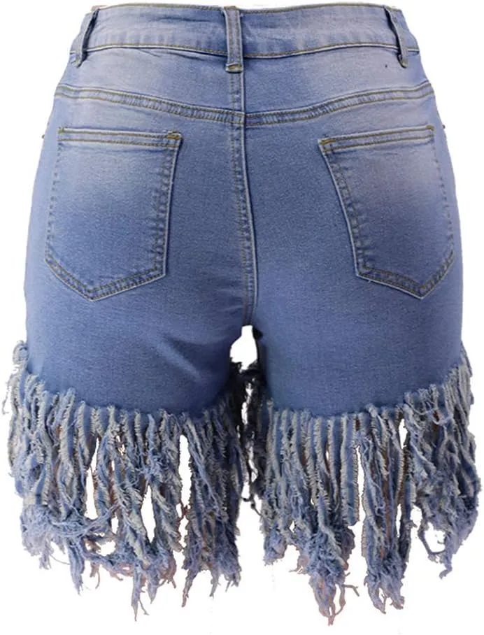Weigou Women Denim Shorts High Waisted Tassels Summer Stretchy Frayed Raw Hem Short Jeans Clubwear Jeans Short