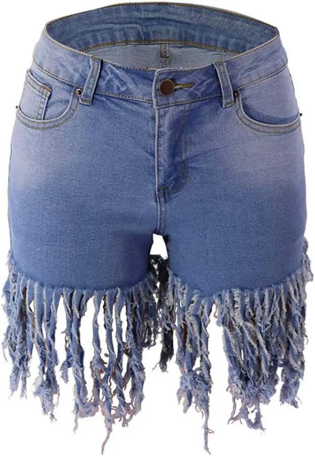 Weigou Women Denim Shorts High Waisted Tassels Summer Stretchy Frayed Raw Hem Short Jeans Clubwear Jeans Short