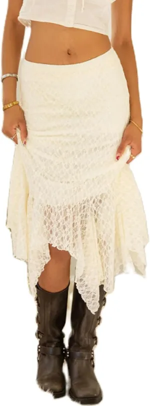 Women Floral Lace Long Skirt Summer See Through Sheer Lace Maxi Skirt High Waist Y2k A Line Midi Skirt Beachwear
