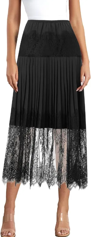 Women Floral Lace Long Skirt Summer See Through Sheer Lace Maxi Skirt High Waist Y2k A Line Midi Skirt Beachwear
