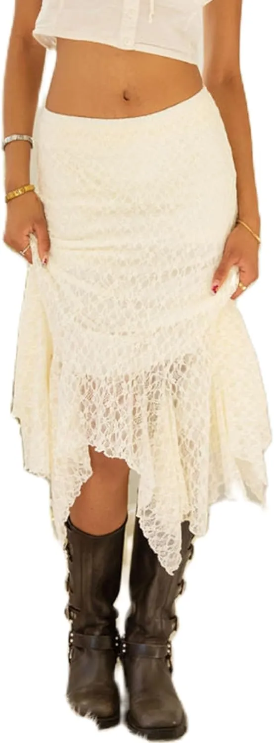 Women Floral Lace Long Skirt Summer See Through Sheer Lace Maxi Skirt High Waist Y2k A Line Midi Skirt Beachwear