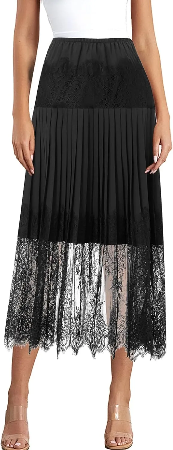 Women Floral Lace Long Skirt Summer See Through Sheer Lace Maxi Skirt High Waist Y2k A Line Midi Skirt Beachwear