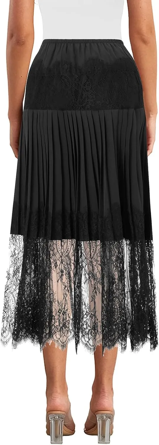 Women Floral Lace Long Skirt Summer See Through Sheer Lace Maxi Skirt High Waist Y2k A Line Midi Skirt Beachwear