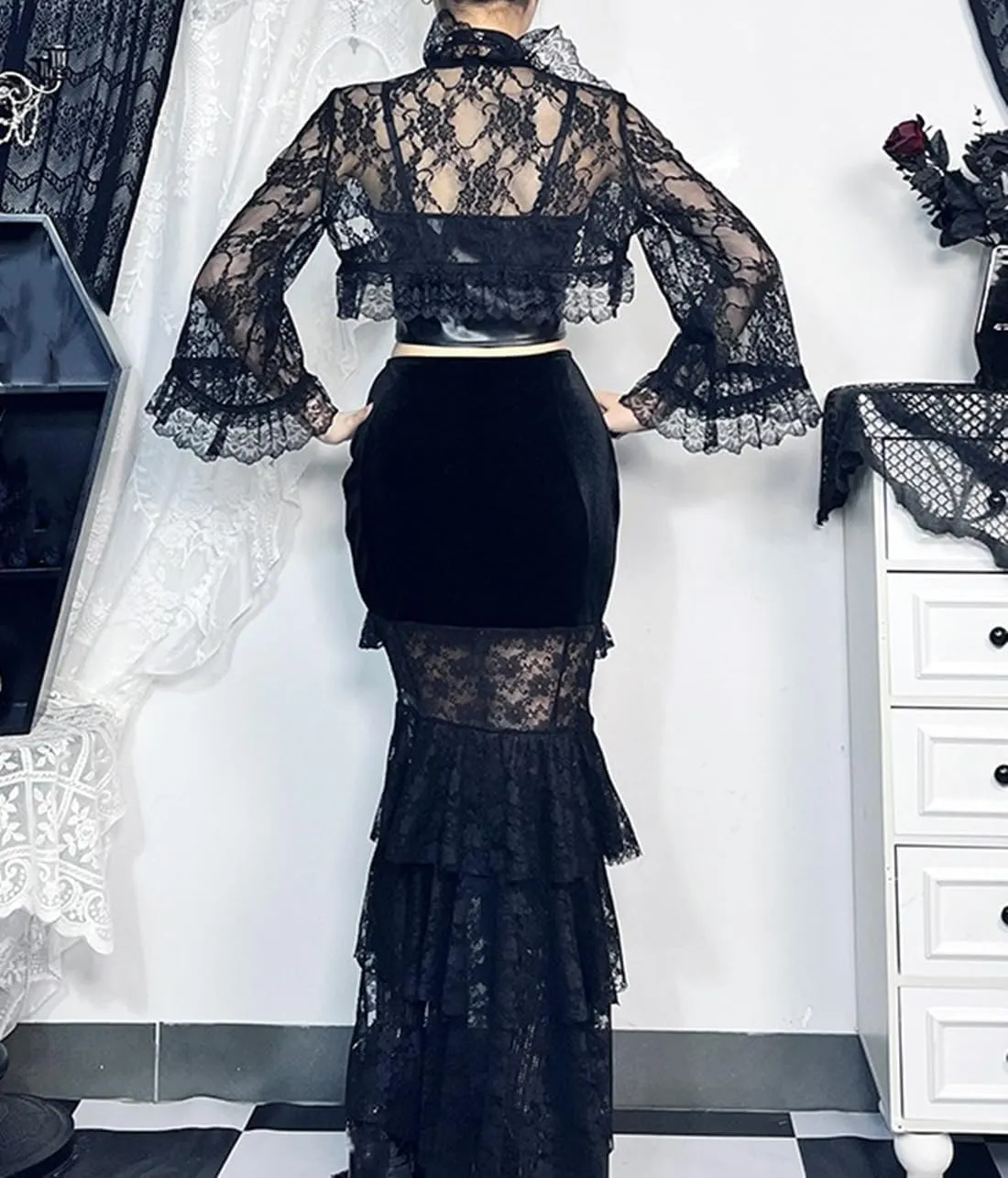 Women Goth Skirts Bodycon Mesh Lace Gothic Emo Tiered Long Maxi Skirt Pencil Skirts