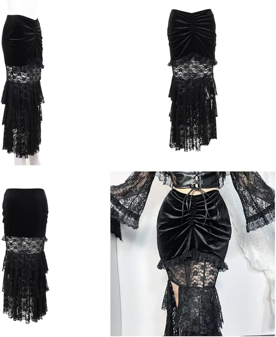 Women Goth Skirts Bodycon Mesh Lace Gothic Emo Tiered Long Maxi Skirt Pencil Skirts