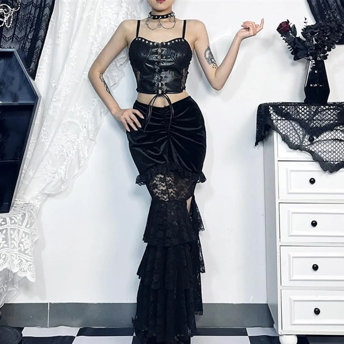 Women Goth Skirts Bodycon Mesh Lace Gothic Emo Tiered Long Maxi Skirt Pencil Skirts