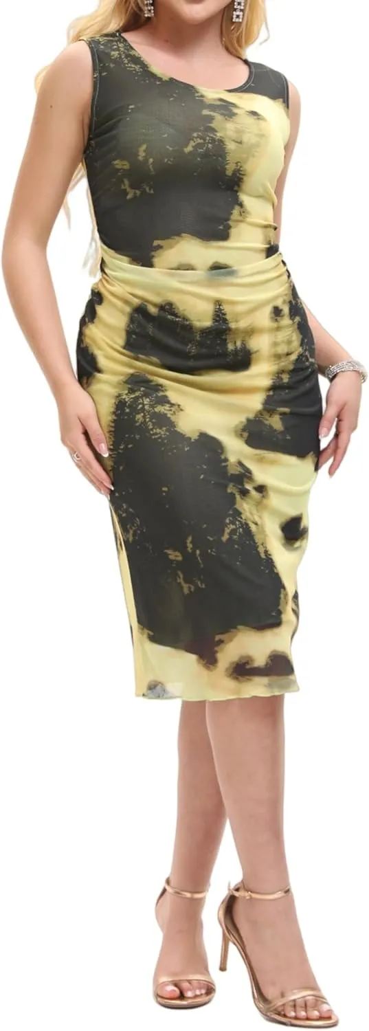 Women Sleeveless Summer Bodycon Tie Dye Mesh Midi Ruched Tank Dress